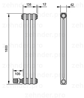 Схема (чертеж) Радиатор Zehnder Charleston 2180/3 №V004 Technoline TL